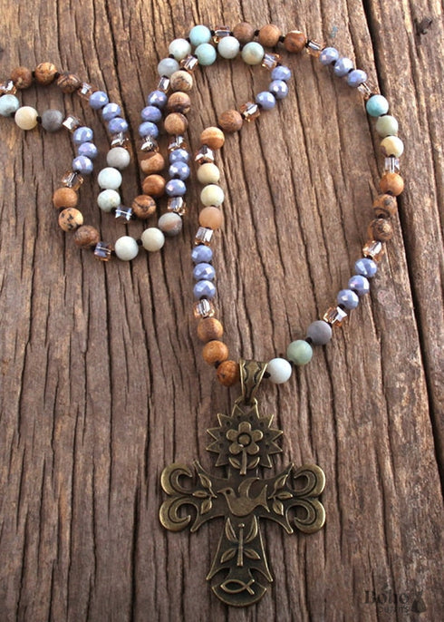 Boho Necklace, RH Precious Lava Stone, Cross and Bird